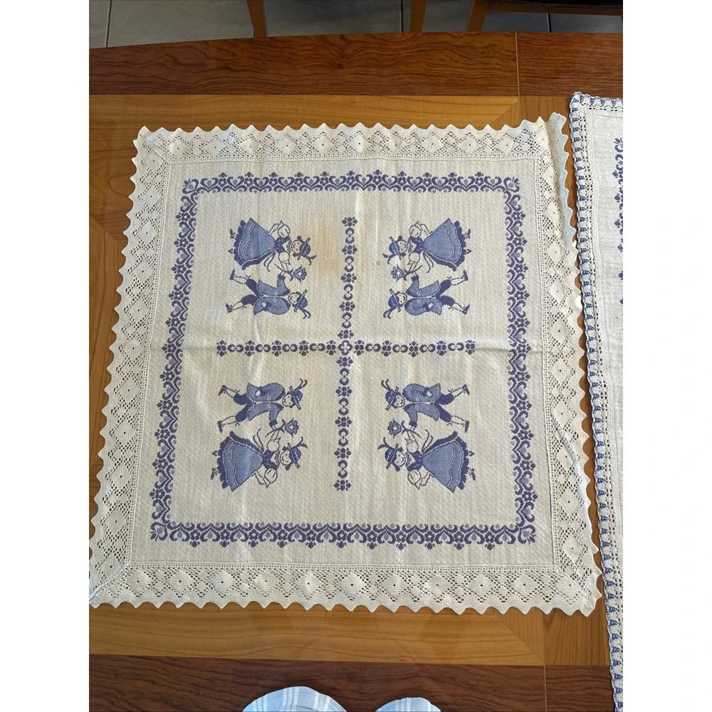 Vintage Blue White Folk Art Woven Tablecloth Lace Trim Bavarian Alpine Figures